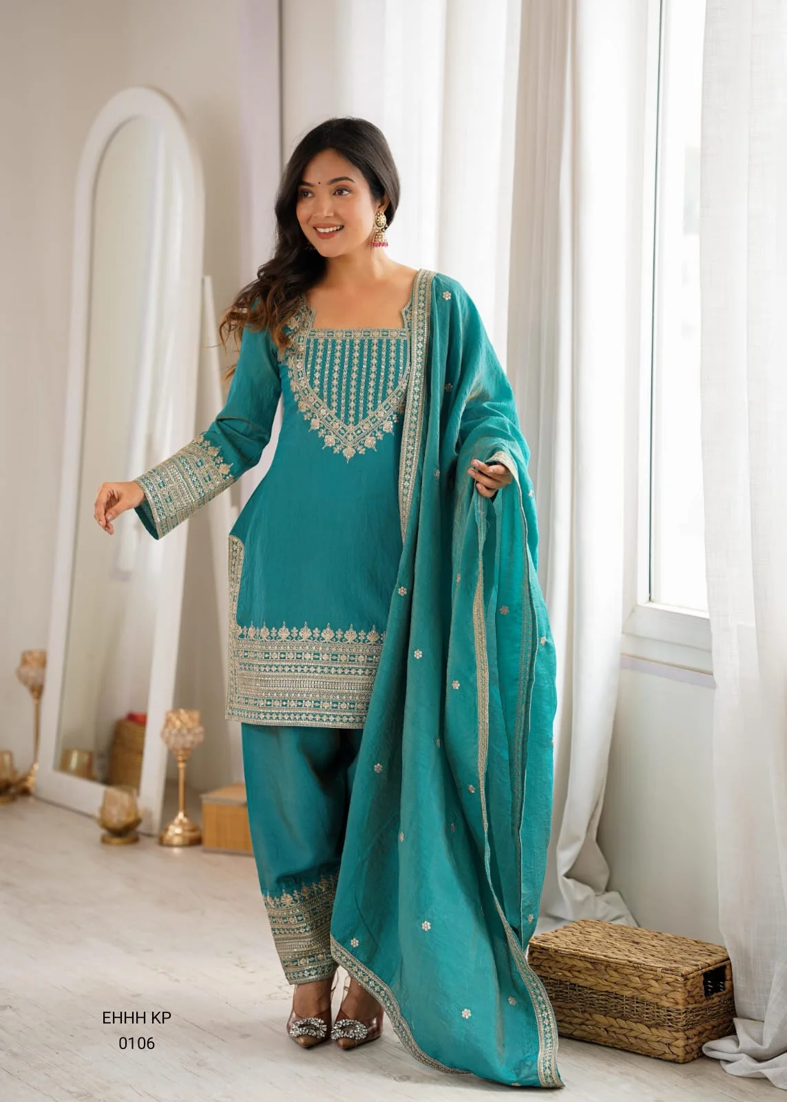 Elegant Embroidered Sharara Suit Set – Teal Green & Gold